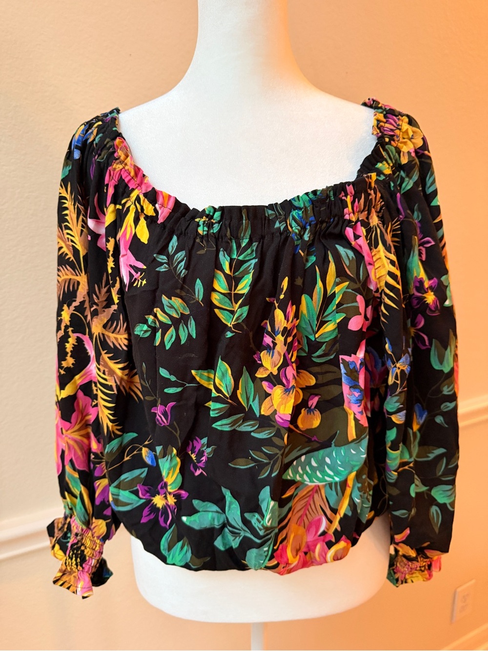 Rachel Roy Black Tropical Floral Off Shoulder Smocked Crop Top XL Boho Resort